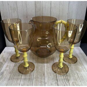 Vtg Tiki Bar Wine Glasses and Pitcher Acrylic Tree Bamboo Stem Cocktail Set 5